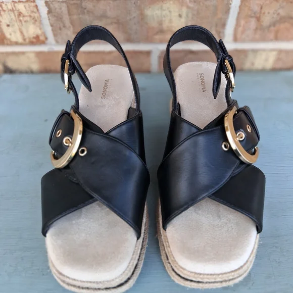 Sonoma Black Platform Espadrille Sandals Gold Buckle Slingback Size 7 - Picture 2 of 13